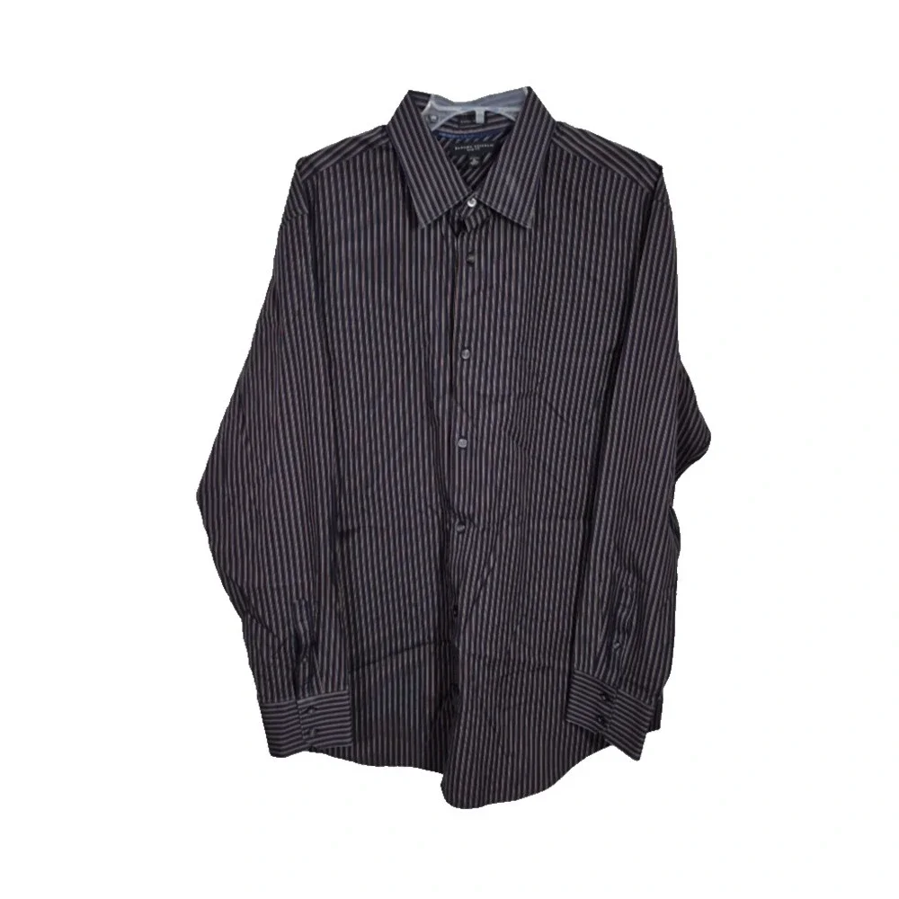 Banana Republic Shirt Mens 17 -17.5XL Black/Brown Stripe Woven In Italy Slim Fit